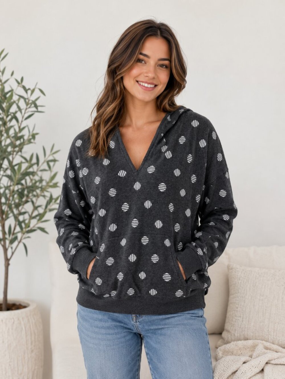 Belle Gray Polka Dot Hooded Sweater